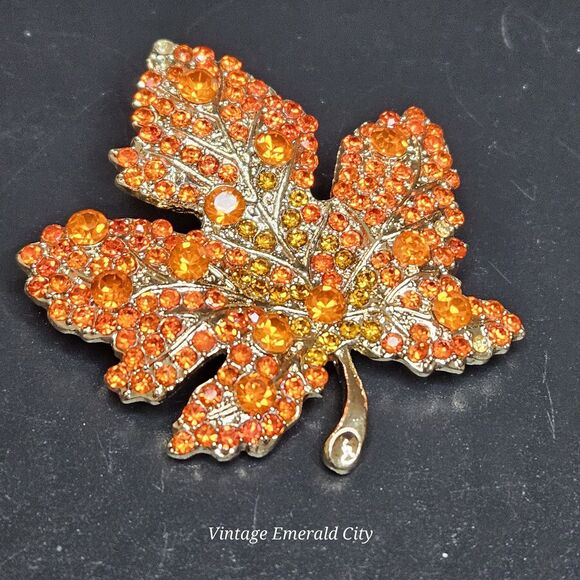 Maple Tree Leaf Brooch Orange Rhinestones Gold-Tone Autumn Pin Fall Warm Nature - Picture 12 of 12